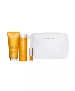 Set Clarins: Aroma Essential Oils Hydrating Body Oil 200 ml + Aroma Essential Oils Shower Gel All Over The Body 200 ml + Lip Confort Lip Oil 01 1.4 ml *Miniature + Clarins Zippered GWP Textile Pouch White, 200 ml