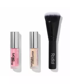 Xmas 2024 Set Rodial: Blush Drops Radiant Finish Liquid Blush Frosted Pink 15 ml + Banana Lowlighter Illuminating Liquid Highlighter For Face 1.6 ml + The Buffing Mini Foundation Brush No. 10, 15 ml