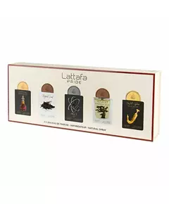 Set Lattafa: Artisan Ethnique Eau De Parfum For Women 20 ml + Natural Oud Eau De Parfum For Women 20 ml + Tharwah Silver Eau De Parfum For Women 20 ml + Eternal Oud Eau De Parfum For Women 20 ml + Shuyukh Gold Eau De Parfum For Women, 20 ml