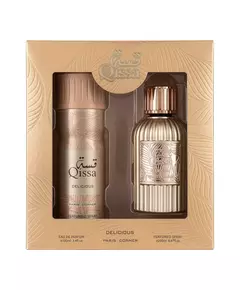 Set Paris Corner: Qissa Delicious Eau De Parfum For Women 100 ml + Qissa Delicious Deodorant Spray For Women, 100 ml