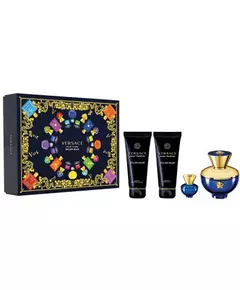 Set Versace: Dylan Blue Eau De Parfum For Women 100 ml + Dylan Blue Hydrating Body Lotion 100 ml + Dylan Blue Hydrating Shower Gel 100 ml + Dylan Blue Eau De Toilette For Men, 100 ml