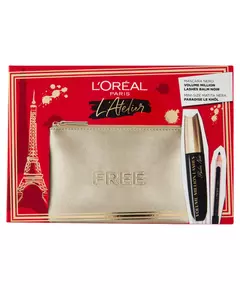 Atelier Kit Set L'Oreal Paris: Volume Million Lashes Volumizing & Lengthening Mascara Black 8.9 ml + Paradise Le Khol Kajal Eye Pencil 1.2 g + Textile Makeup Bag Gold, 8,9 ml