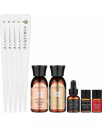 Alqvimia Supreme Beauty & Spa Experience Kit für Sie und Ihn: Büste verschönerndes Körperöl 30 ml + Lavendel entspannendes Körperöl 30 ml + Sinnlichkeit Körper Nektar Frau Körperöl 3 ml + Verführerischer Mann Körperöl 3 ml + Geist öffnende ätherische Ölmi