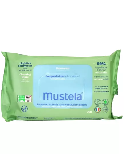 Mustela Lingettes nettoyantes compostables BIO 60 u, 60 pièces