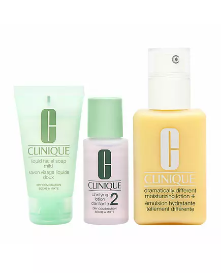 Great Skin Start Here 3 Step Set Clinique: Dramatically Different Lotion+ Fragrance Free Moisturizing Day & Night Lotion For Face 125 ml + Clinique Cleansing Liquid Soap For Face 30 ml + Clarifying 2 Cleansing Lotion For Face, 125 ml