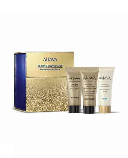 Unstoppable Radiance Set Ahava: Osmoter Concetrate Smoothing Lotion For Face 15 ml + Refresing Eliminates Impurities Cleansing Gel For Face 15 ml + 24K Gold Mineral Anti-Wrinkle Mud Mask For Face 15 ml + Ahava GWP Textile Pouch, 15 ml, image 2
