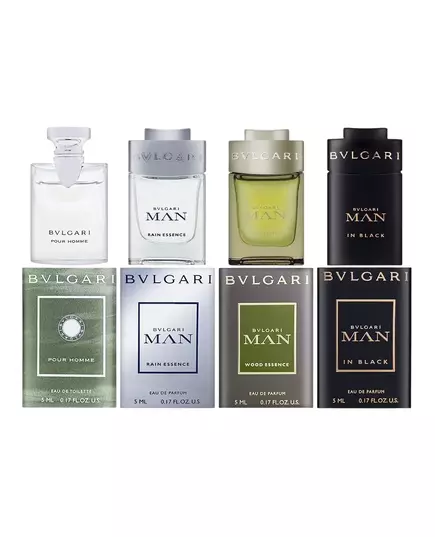 Set Bvlgari: Pour Homme Eau De Toilette For Men 5 ml *Miniature + Rain Essence Eau De Parfum For Men 5 ml + Man Wood Essence Eau De Parfum For Men 5 ml *Miniature + Man In Black Eau De Parfum For Men 5 ml *Miniature, 5 ml