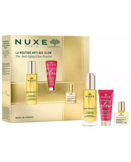 Anti-Aging Glow Routine Set Nuxe: Super Serum [10] Vegan Anti-Ageing Day & Night Serum For Face & Neck 30 ml + Merveillance Lift Glow Firming Cream For Face 15 ml + Huile Prodigieuse Rich Multi-Purpose Body Oil For Face Body & Hair 10 ml *Miniature