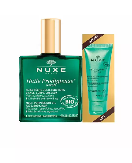 Set Nuxe: Huile Prodigieuse Multi-Purpose Neroli Body Oil For Face Body & Hair 100 ml + Prodigieux Neroli Shower Gel All Over The Body For All Skin Types, 100 ml