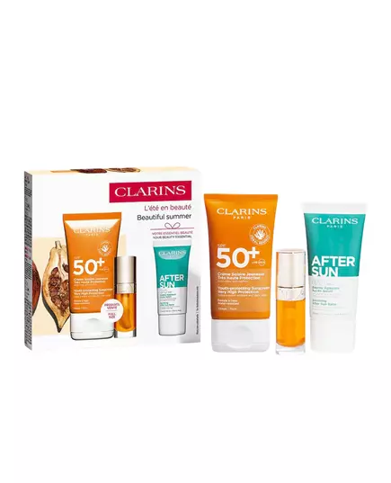 Set Clarins: Clarins Hydrating Sunscreen Cream For Face SPF 50+ 50 ml + After Sun Regenerating After-Sun Balm 30 ml + Lip Confort Lip Oil 01, 50 ml