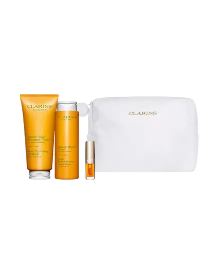 Set Clarins: Aroma Essential Oils Hydrating Body Oil 200 ml + Aroma Essential Oils Shower Gel All Over The Body 200 ml + Lip Confort Lip Oil 01 1.4 ml *Miniature + Clarins Zippered GWP Textile Pouch White, 200 ml