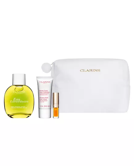 Set Clarins: Eau Extraordinaire Eau De Toilette For Women 100 ml + Moisture-Rich Shea Butter Moisturising Body Lotion Body 30 ml + Lip Confort Lip Oil 01 1.4 ml *Miniature + Clarins Zippered GWP Textile Pouch White, 100 ml