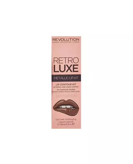 Set Makeup Revolution: Retro Luxe Metallic Liquid Lipstick Sovereign 5.5 ml + Retro Luxe Lip Liner Sovereign, 5,5 ml