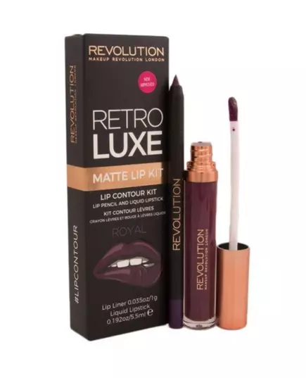 Set Makeup Revolution: Retro Luxe Matte Liquid Lipstick Royal 5.5 ml + Retro Luxe Lip Liner Royal, 5,5 ml