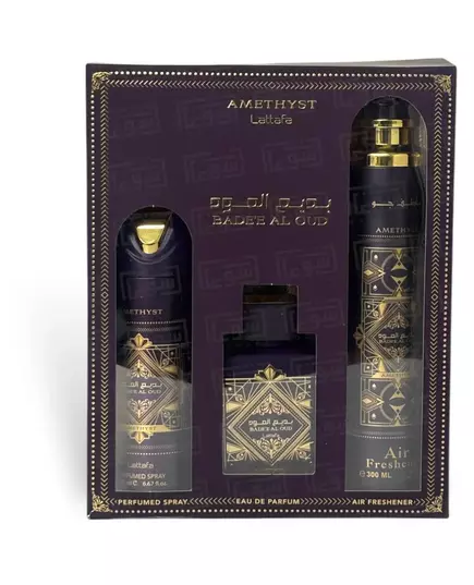 Set Lattafa: Bade'e al Oud Amethyst Eau De Parfum For Men 100 ml + Bade'e al Oud Amethyst Body Spray 200 ml + Bade'e al Oud Amethyst Room Spray, 100 ml