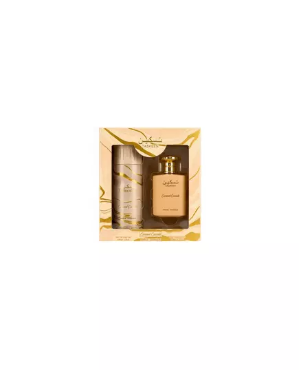 Set Paris Corner: Taskeen Caramel Cascade Eau De Parfum Unisex 100 ml + Taskeen Caramel Cascade Deodorant Spray Unisex, 100 ml