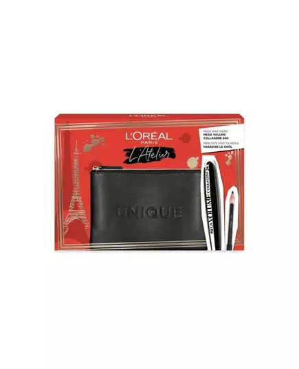 Set L'Oreal Paris: L'Oreal Paris Kajal Eye Pencil Black 1.5 g + Mega Volume Collagene 24h Waterproof Mascara Mega Black 9 ml + Textile Makeup Bag Black, 1,5 g