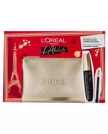 Atelier Kit Set L'Oreal Paris: Volume Million Lashes Volumizing & Lengthening Mascara Black 8.9 ml + Paradise Le Khol Kajal Eye Pencil 1.2 g + Textile Makeup Bag Gold, 8,9 ml