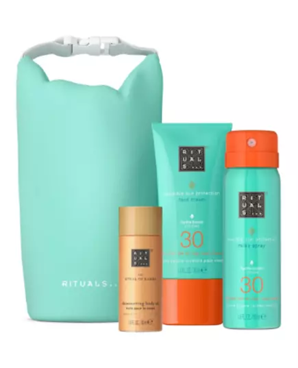 Set Rituals: The Ritual Of Karma Shimmer Body Oil 30 ml + The Ritual Of Karma Sun Protection Cream For Face SPF 30 50 ml + The Ritual Of Karma White Tea Sun Protection Sunscreen Spray SPF 30, 30 ml