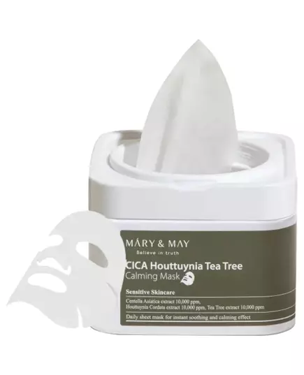 Mary and May CICA Houttuynia Tea Tree Calming Apaisant et calmant Masque facial Pour le visage Hebdomadairement ou au besoin, 30 pièces